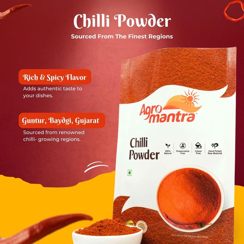 Agro Mantra Chilli Powder 500g | Authentic Indian Spice | Hand-Picked Guntur, Baydgi, Gujarat Chillies | Without Preservatives & Artificial Colour | Vibrant Colour & Rich Heat | Ideal for Curries, Chutneys & Tandoori Dishes (pack of 3) view 2