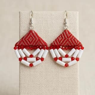 Handcrafted Northeast Tribal Triangular Woven Dangle Earrings with Beaded Chevron Drops