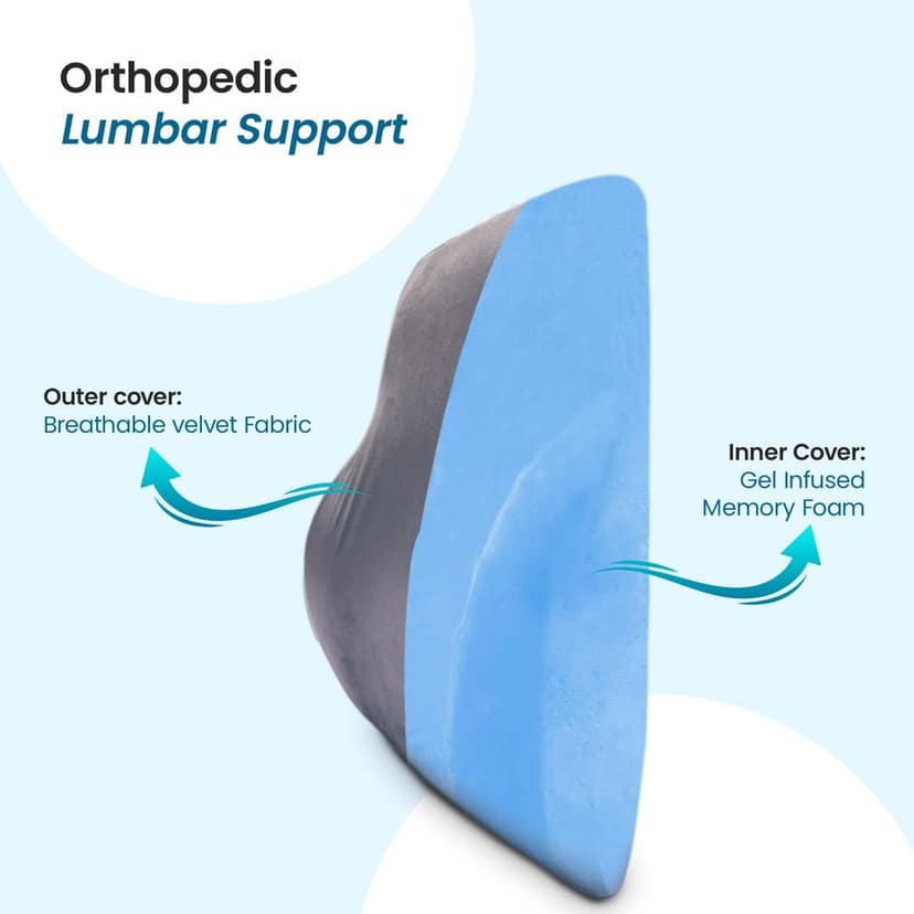 Sleepsia Memory Foam Orthopedic Lumbar Support Cooling Gel Cushion - Support for Office Chair, Chair and Car- Back Support Cushion, Improve Back Posture,Back Pain Relief (Grey Velvet) view 3