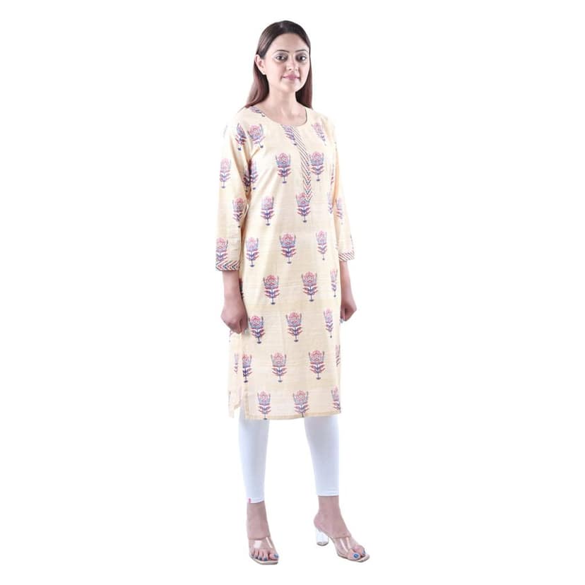falah Handicrafts Society Women's Cotton Fabric Formal Block Printed A Line Kurti (FHS/KU/23/19-2XL) Cream view 2