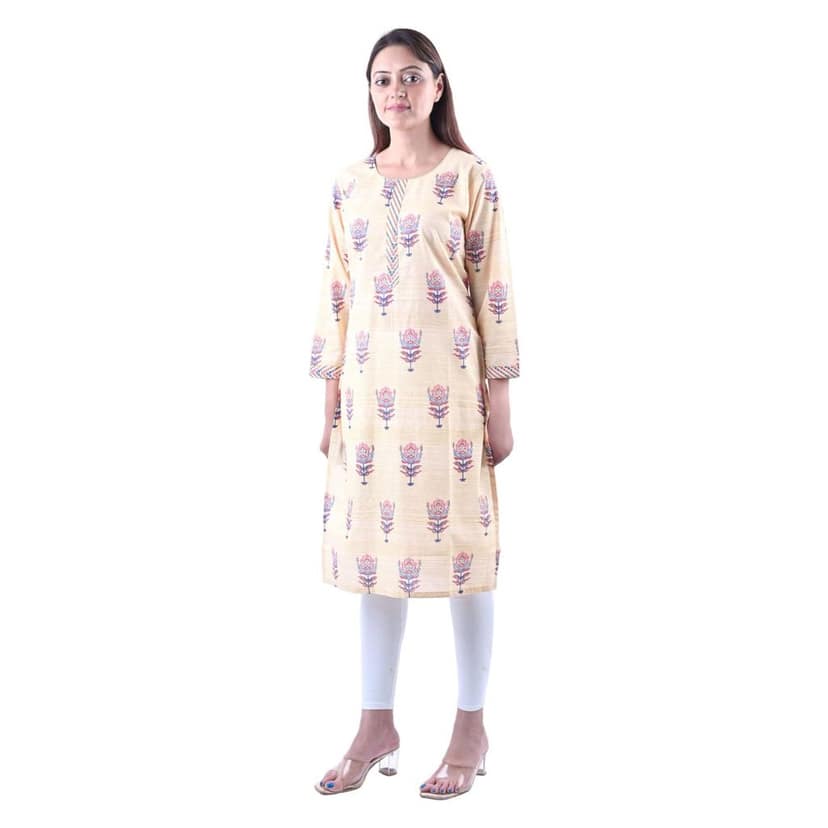 falah Handicrafts Society Women's Cotton Fabric Formal Block Printed A Line Kurti (FHS/KU/23/19-2XL) Cream view 3