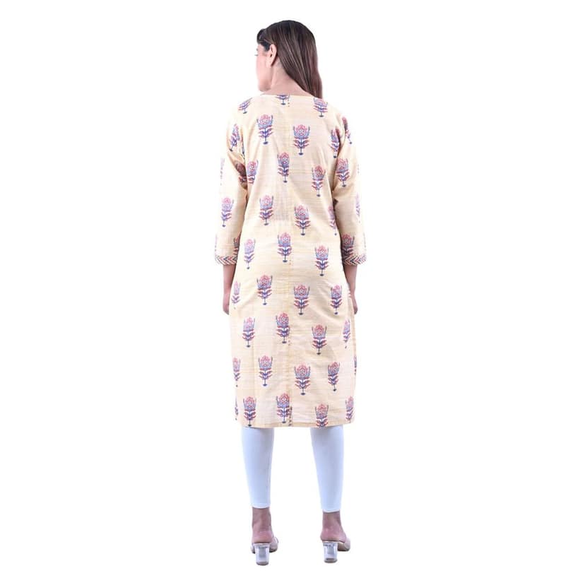 falah Handicrafts Society Women's Cotton Fabric Formal Block Printed A Line Kurti (FHS/KU/23/19-2XL) Cream view 4