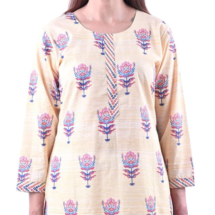 falah Handicrafts Society Women's Cotton Fabric Formal Block Printed A Line Kurti (FHS/KU/23/19-2XL) Cream view 5