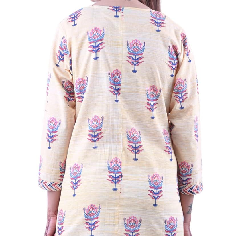 falah Handicrafts Society Women's Cotton Fabric Formal Block Printed A Line Kurti (FHS/KU/23/19-2XL) Cream view 6