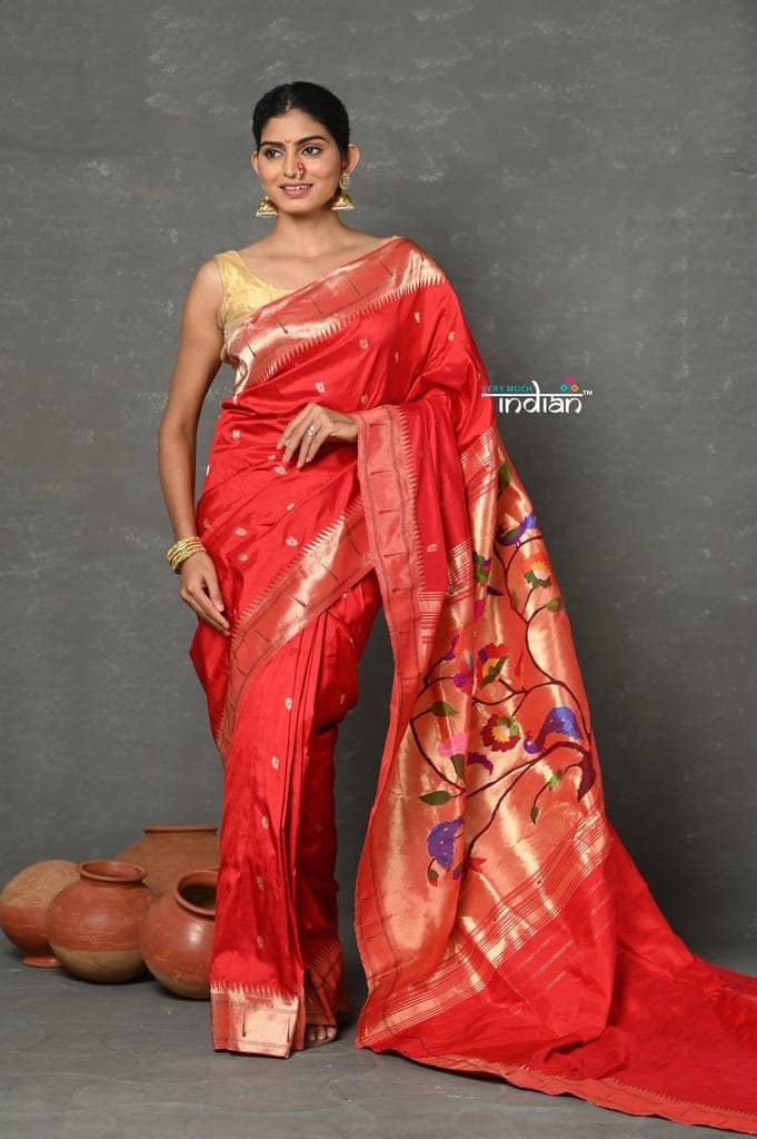 Tyohaar~Designed By VMI ~ Handloom Pure Silk Muniya Borde with Peacock Parrot Pallu in Bright Red
