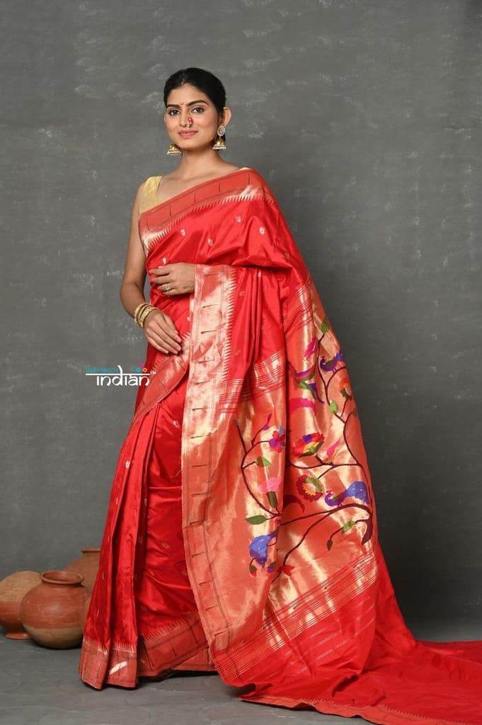Tyohaar~Designed By VMI ~ Handloom Pure Silk Muniya Borde with Peacock Parrot Pallu in Bright Red view 2