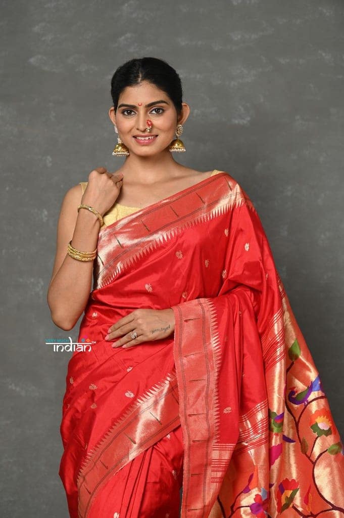 Tyohaar~Designed By VMI ~ Handloom Pure Silk Muniya Borde with Peacock Parrot Pallu in Bright Red view 4