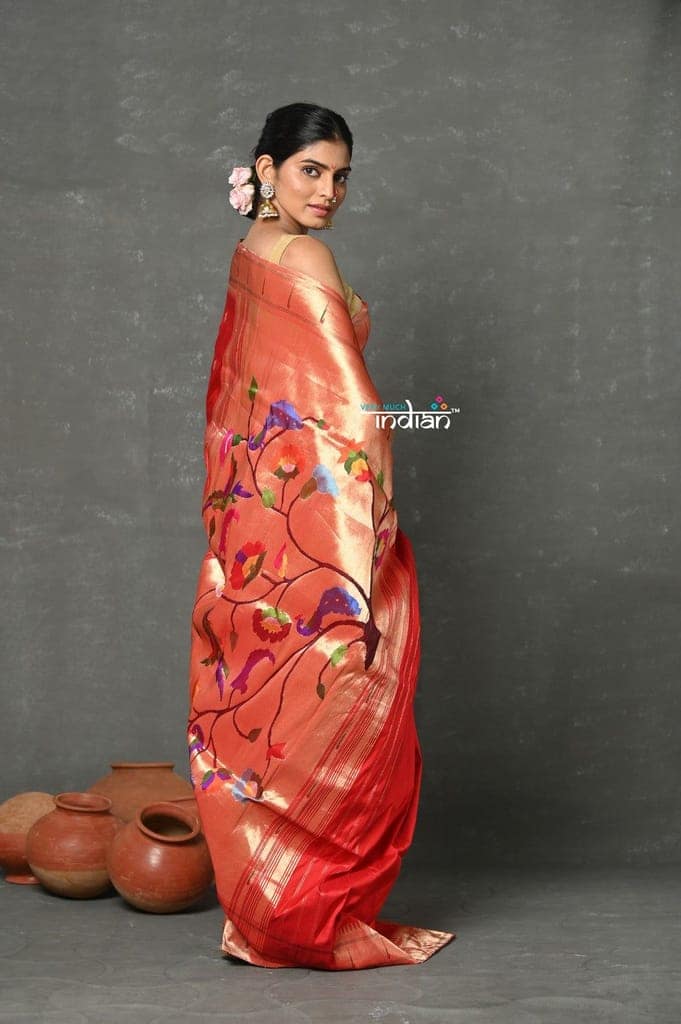 Tyohaar~Designed By VMI ~ Handloom Pure Silk Muniya Borde with Peacock Parrot Pallu in Bright Red view 5
