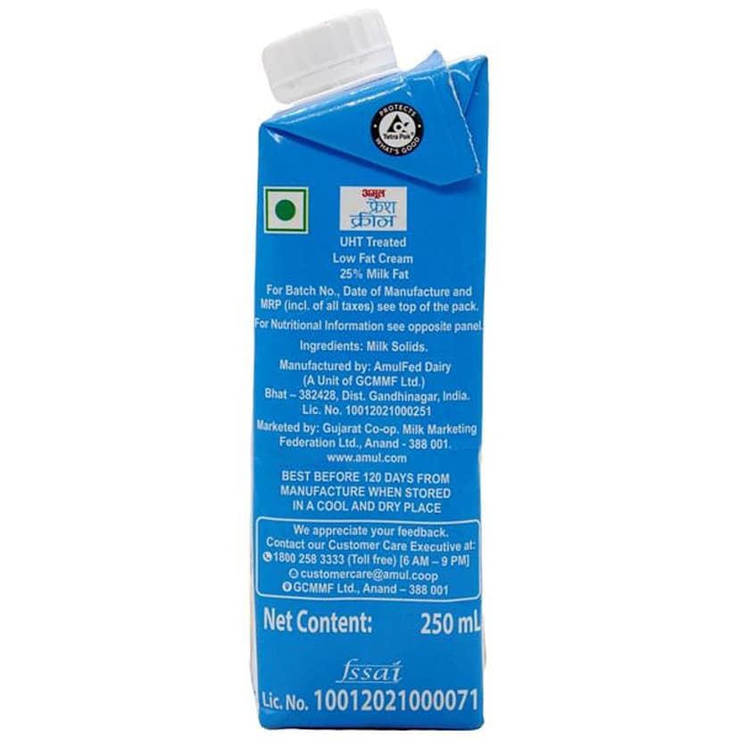Amul Fresh Cream - 25% Milk Fat Low Fat, 250 Ml view 2