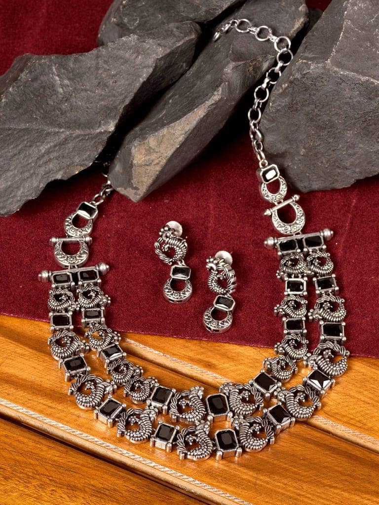 Silver Oxidised Black Stone Studded Double Layered Necklace Jewellery Set view 2