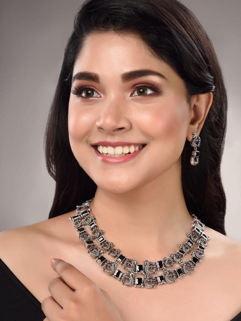 Silver Oxidised Black Stone Studded Double Layered Necklace Jewellery Set view 3