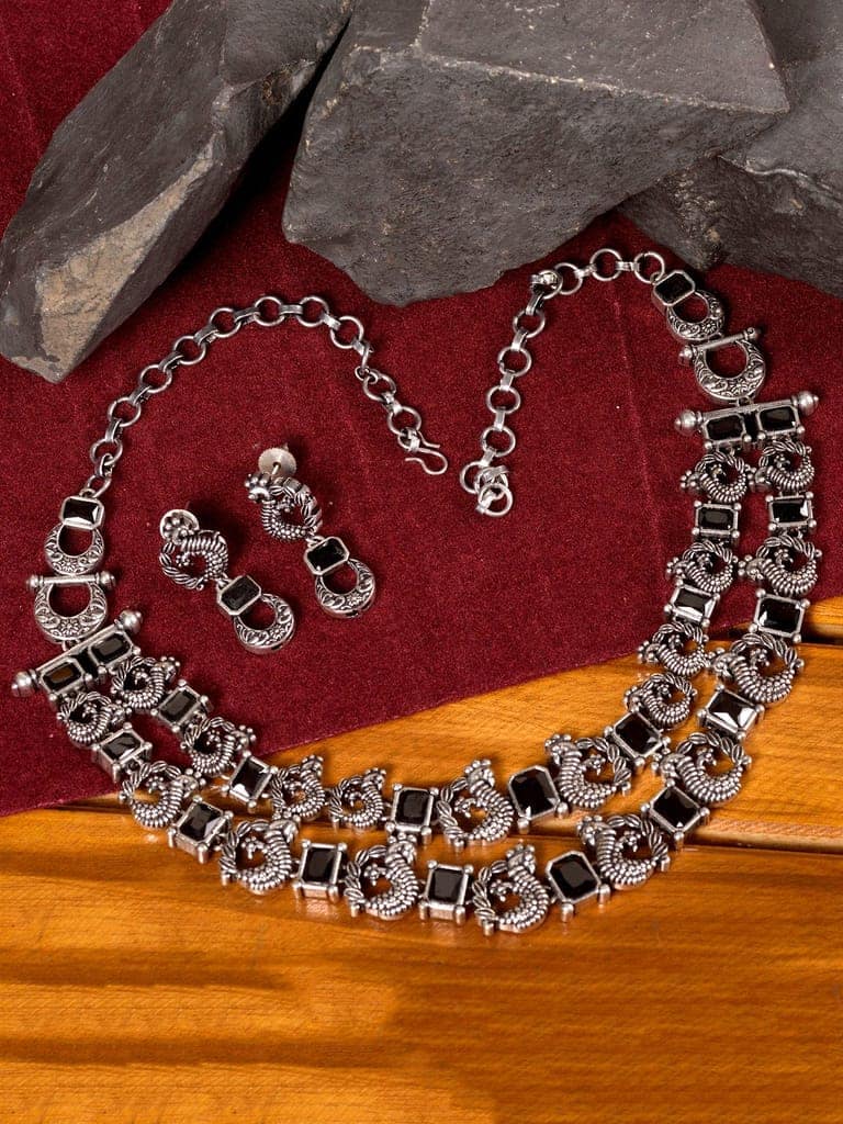 Silver Oxidised Black Stone Studded Double Layered Necklace Jewellery Set view 4