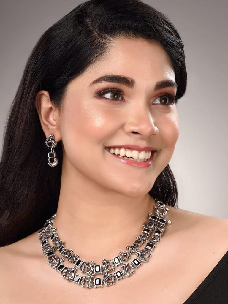 Silver Oxidised Black Stone Studded Double Layered Necklace Jewellery Set view 5