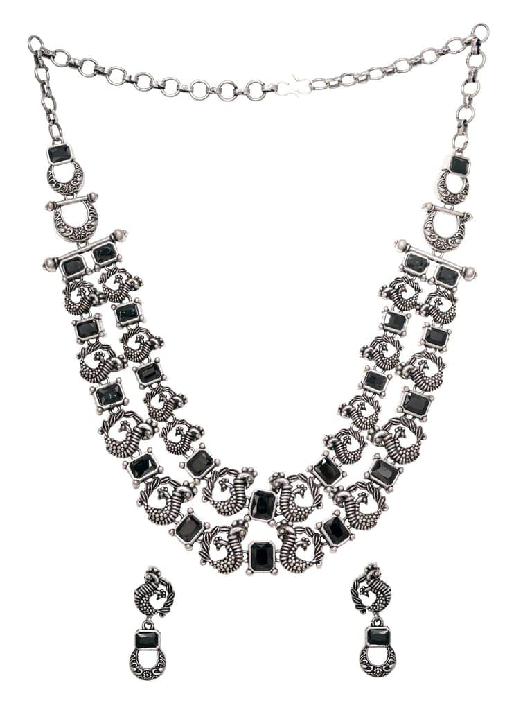 Silver Oxidised Black Stone Studded Double Layered Necklace Jewellery Set view 6