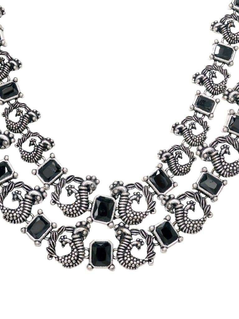 Silver Oxidised Black Stone Studded Double Layered Necklace Jewellery Set view 8