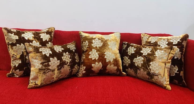 Brown Golden Cushion Cover with Leaf Embroidered Stitched Zippered Velvet Combo Cushion Cover (16x16 inch and 30 x 45 cm) Set of 5 view 2