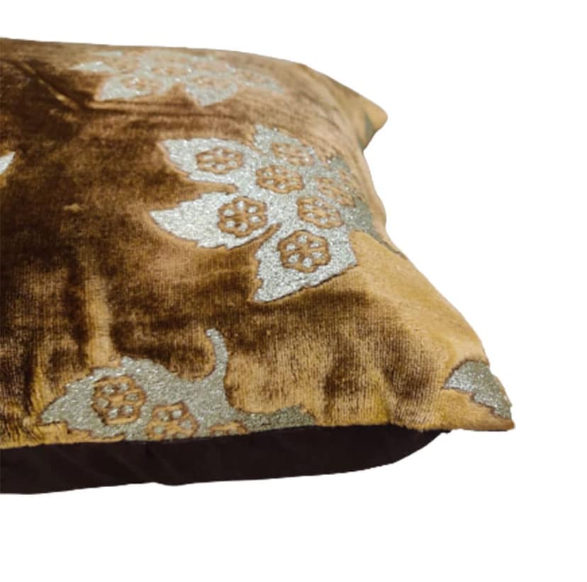Brown Golden Cushion Cover with Leaf Embroidered Stitched Zippered Velvet Combo Cushion Cover (16x16 inch and 30 x 45 cm) Set of 5 view 6