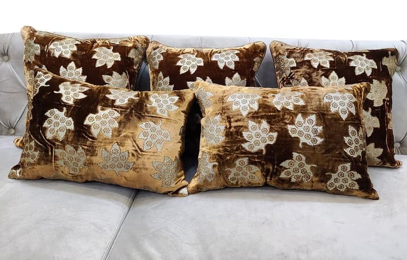 Brown Golden Cushion Cover with Leaf Embroidered Stitched Zippered Velvet Combo Cushion Cover (16x16 inch and 30 x 45 cm) Set of 5 view 7