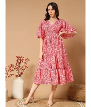 ZWERLON Women Crepe Printed Fit & Flare Dress ( Red )