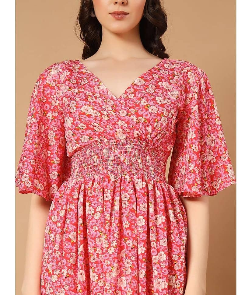ZWERLON Women Crepe Printed Fit & Flare Dress ( Red ) view 2