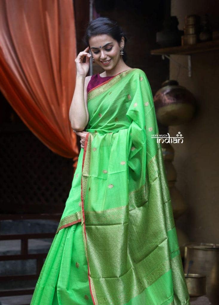 Utsaav ~ Banarasi Pure Cotton Silk Chanderi Handloom in Perfect Fresh Green with Subtle Zari view 2
