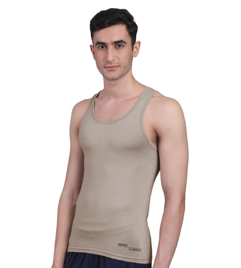 Freecultr Vest for Men | Bamboo Sleeveless, Super Soft Round Neck Gym Comfort Vest | Workout Regular Fit Innerwear | Breathable Sando with Long Hemline Pack of 1-Beach Sand