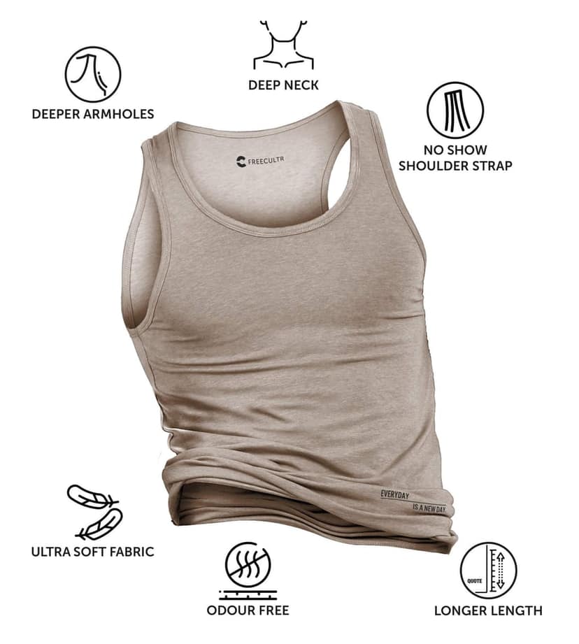 Freecultr Vest for Men | Bamboo Sleeveless, Super Soft Round Neck Gym Comfort Vest | Workout Regular Fit Innerwear | Breathable Sando with Long Hemline Pack of 1-Beach Sand view 5