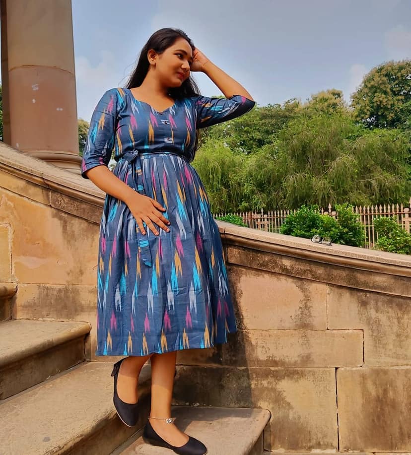 Pure Cotton Ikkat Dress Picton Blue Colour (Size XXS(32) to Plus Size(56))-1151 view 4