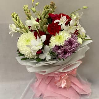The Blooming Story WOW! White Pink Chrysanthemum Orchid Tuberose Hand-Tied Bouquet