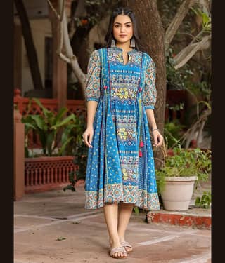 Juniper Women Cotton Printed Fit & Flare Dress ( Blue )