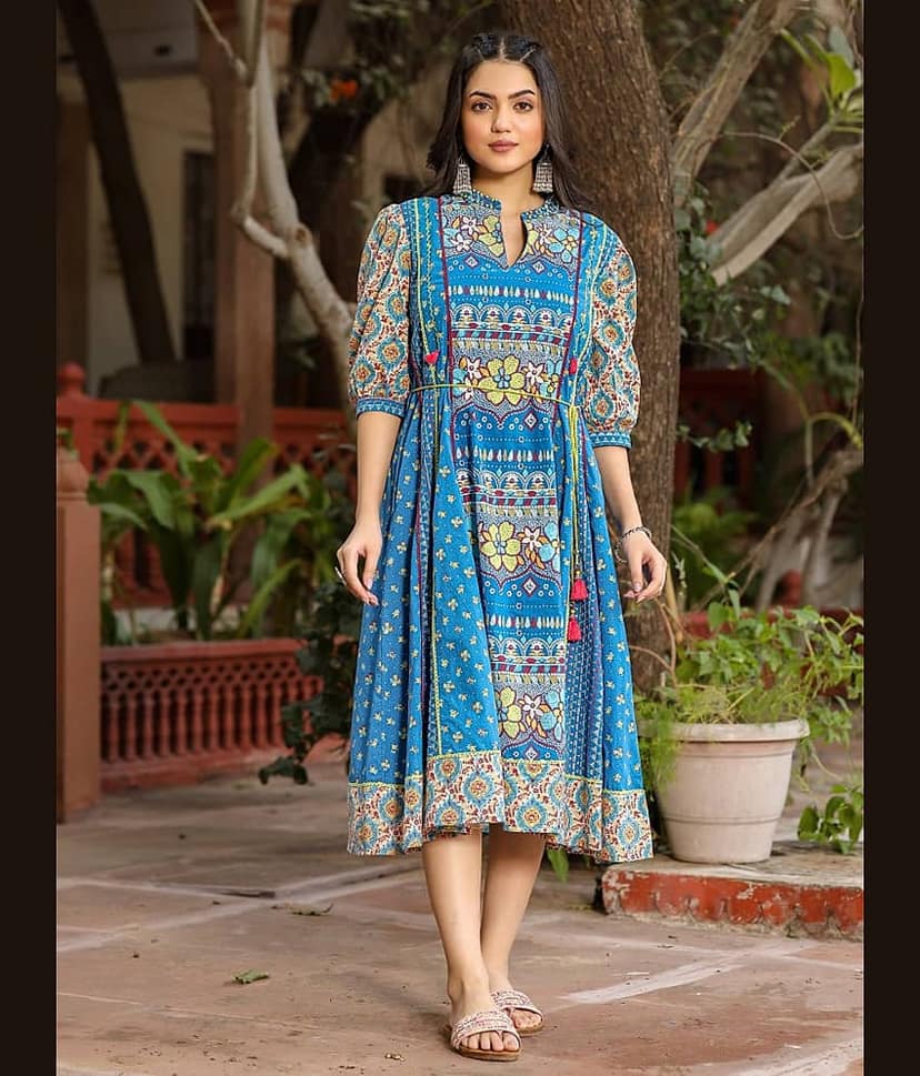 Juniper Women Cotton Printed Fit & Flare Dress ( Blue )