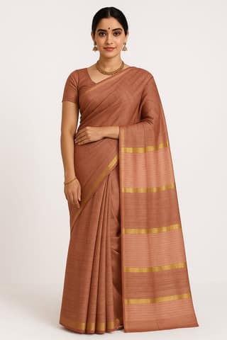Rose Gold Tussar Silk Saree with Golden Zari Stripes
