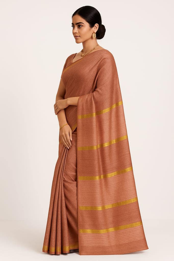 Rose Gold Tussar Silk Saree with Golden Zari Stripes view 3