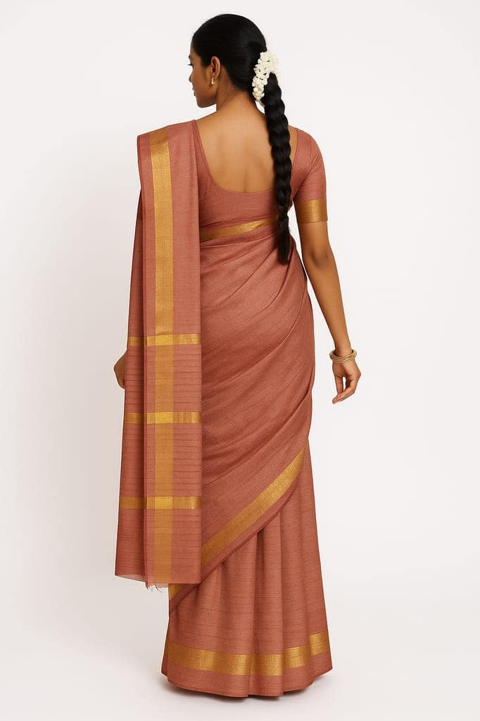 Rose Gold Tussar Silk Saree with Golden Zari Stripes view 4
