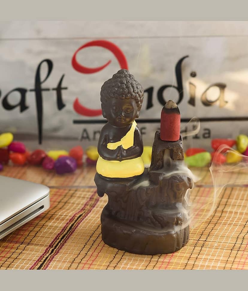 eCraftIndia Yellow & Brown Buddha Smoke Fountain Showpiece