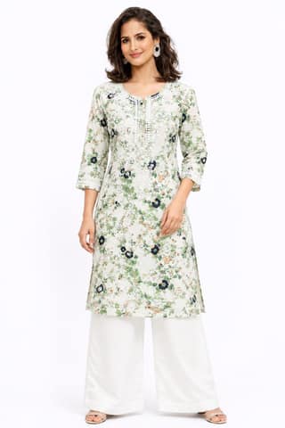 Women’s Printed Soft Cotton Chikankari Kurti with Lucknowi Hand Embroidery | 3/4 Sleeve | 46 Inch Length | Sizes 38-46