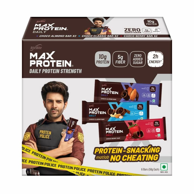 RiteBite Max Protein Daily Assorted Choco Almond x 2, Choco Berry x 2, Choco Classic x 2 (Pack of 6), 300 g view 2