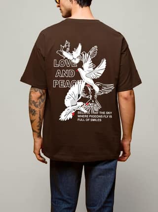 SCOTT FINCHER Men's T-Shirt "Love and Peace" with Doves Graphic in Brown : AA(ARN)BROWN_217