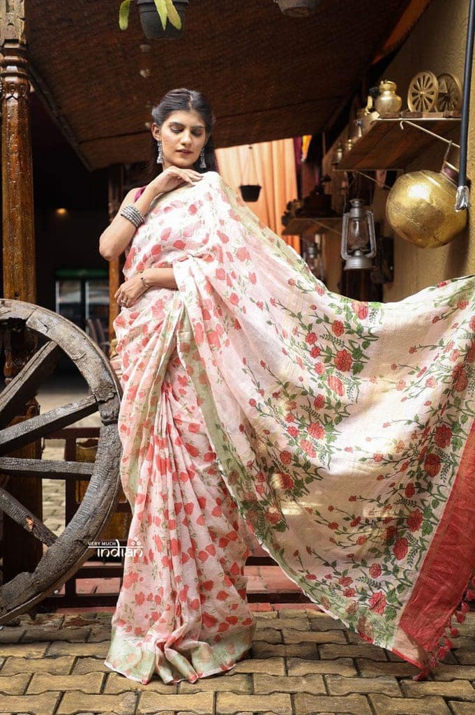 Utsaav ~ Pure Handmade Linen in White with Pink Floral Embroidery