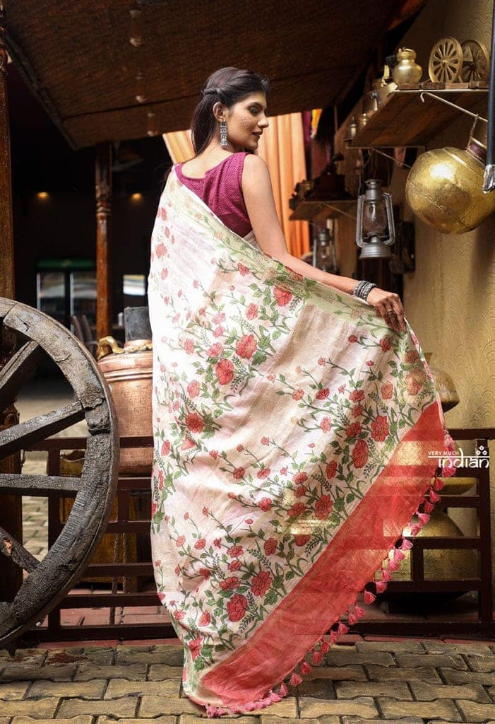 Utsaav ~ Pure Handmade Linen in White with Pink Floral Embroidery view 2