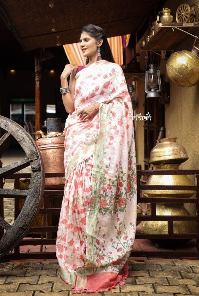 Utsaav ~ Pure Handmade Linen in White with Pink Floral Embroidery view 5