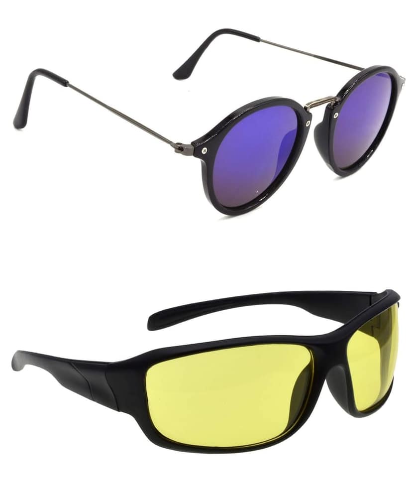 HRINKAR Unisex Round Sunglasses Grey & Black Frame, Violet & Yellow Lens (Medium) - Pack of 2