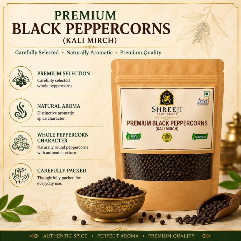 Shreeji Spicecraft Premium Whole Black Peppercorns Kali Mirch Raw Sabut Black Pepper for Cooking & Spice Grinder Standup Pouch Packaging view 3