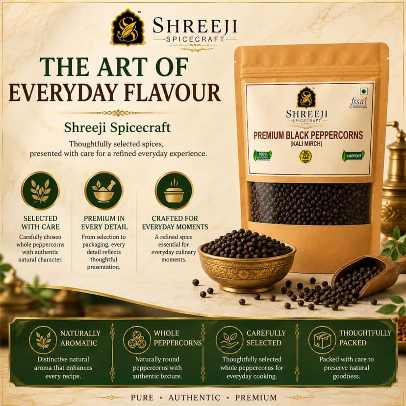 Shreeji Spicecraft Premium Whole Black Peppercorns Kali Mirch Raw Sabut Black Pepper for Cooking & Spice Grinder Standup Pouch Packaging view 4