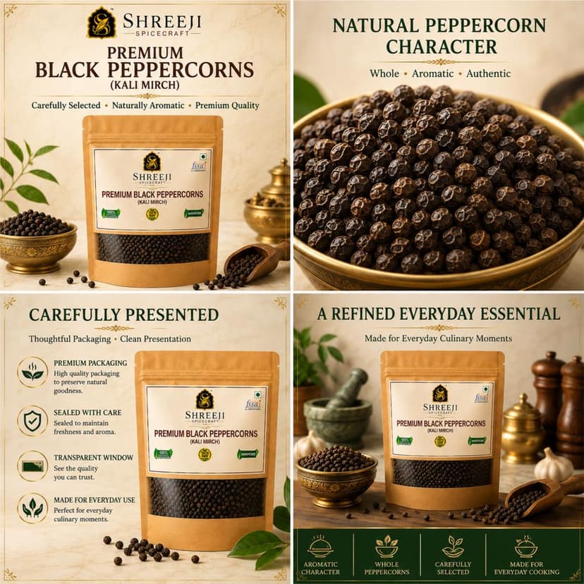 Shreeji Spicecraft Premium Whole Black Peppercorns Kali Mirch Raw Sabut Black Pepper for Cooking & Spice Grinder Standup Pouch Packaging view 6