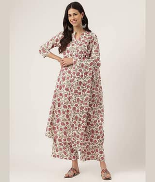 Divena Women Cotton Printed Anarkali Kurti With Palazzo ( White )
