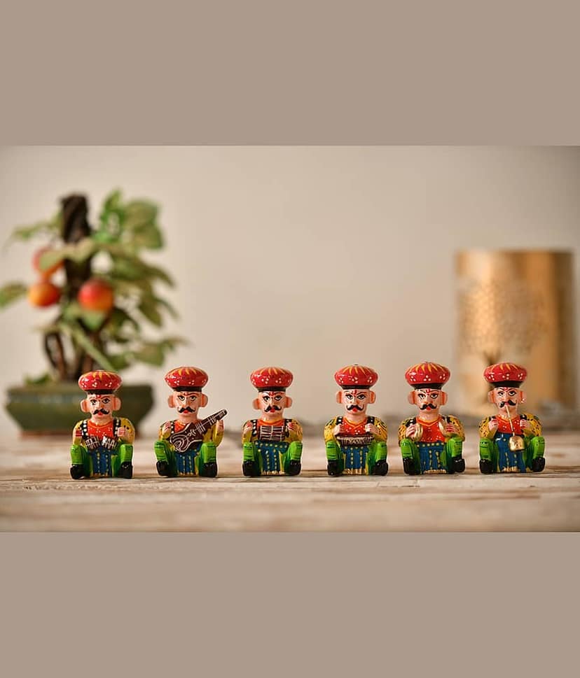 Fashion Bizz Rajasthani Wooden Musician Bawla Decorative Showpiece - 5.4 cm, Pack of 6