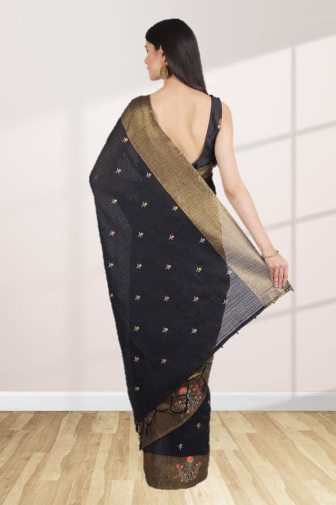 Black Tussar Silk Saree With Woven Design view 2