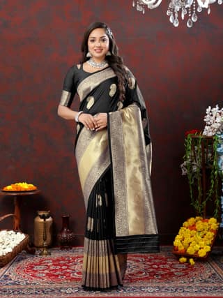 Yavira silk Women's Black Handwoven Silk Saree