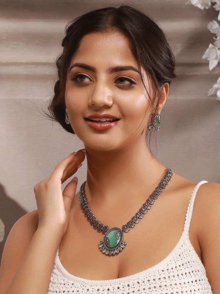 Silver Oxidised Mint Stone Studded Floral Designer Long Haram Necklace Jewellery Set view 2